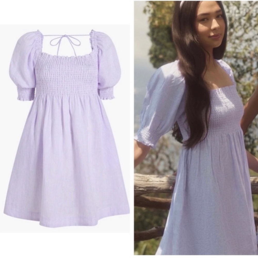 Hill House Athena Nap Dress, Linen, Lilac and White Stripe, Medium, NWT